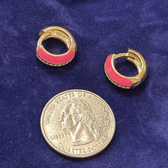 Gabi Rielle Pink Enamel & CZ Mini Hoops – 14k Gold Over Silver Huggies Gift - Picture 4 of 7